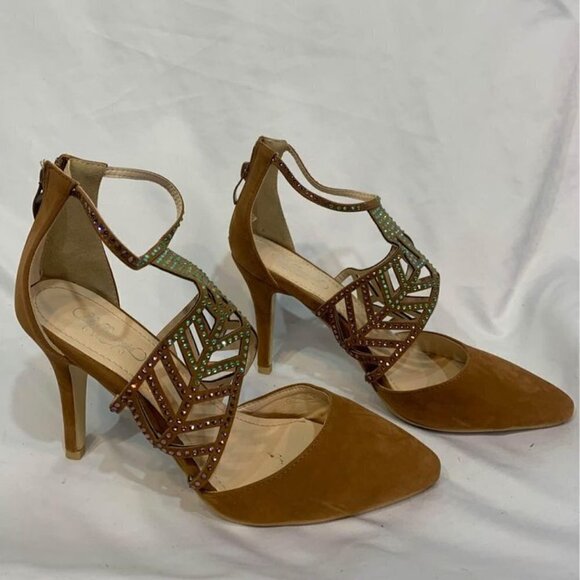WOMAN’S formal pumps. Carmel faux suede. Rhinestone embellishments. Unique. - Picture 1 of 9